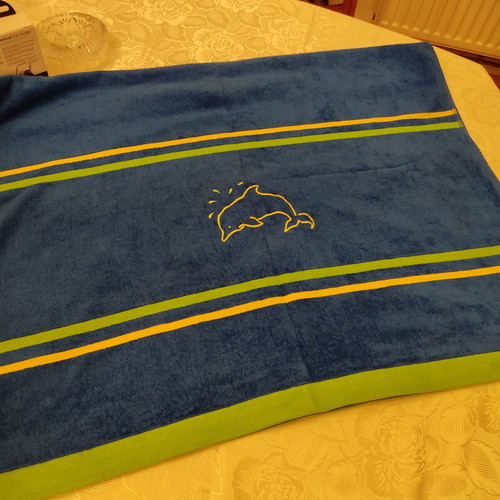 Beach towel new 1.50m x 75cm blue with yellow and green stripes