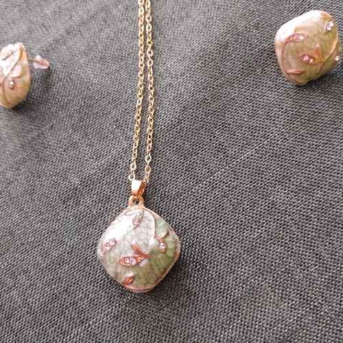 Jewelry set new, green enamel necklace and earrings with rose gold details