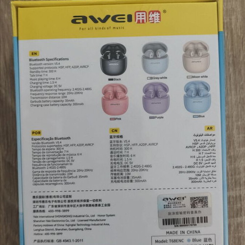 Awei T68 Earbud Bluetooth Handsfree with Charging Case White new