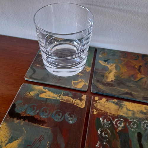 Handmade coasters with hand painting, set of 4, like new