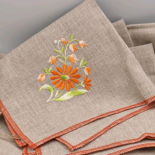 Table runner and six linen napkins set with decorative embroidery and orange trim new