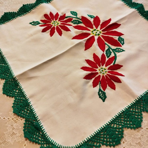 Christmas handmade vintage tablecloth used with embroidery and knitted border