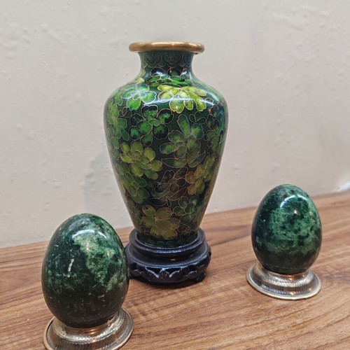 Cloisonné enamel vase set 16 cm like new, green shades