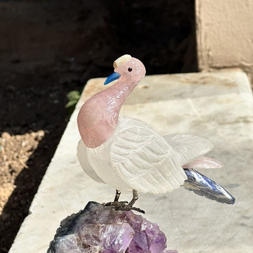 Handmade decorative bird from quartz on raw amethyst, used, 20x15 cm