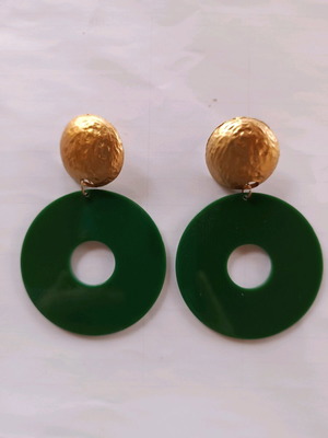 Large earrings new with gold and dark green bone element