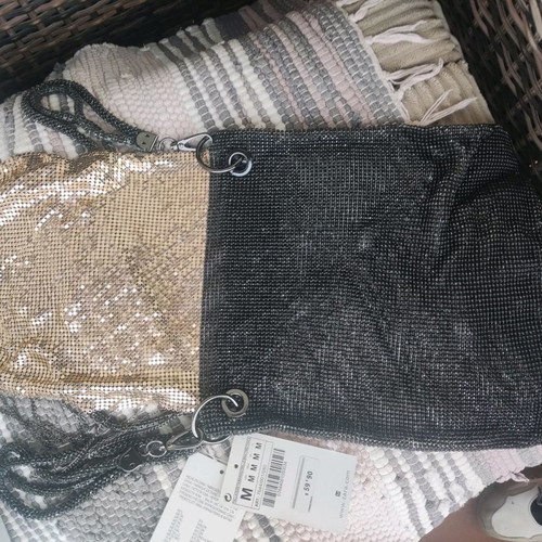 Vintage Zara crossbody bag metallic black with gold chain new