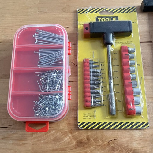 Tool set used with hammer, screwdrivers and nails