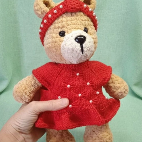 Knitted teddy bear with clothes, new, 30 cm