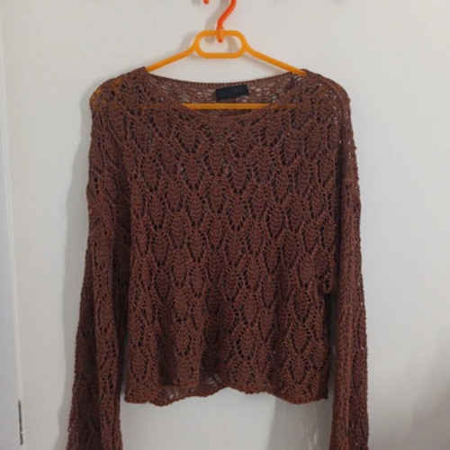 Zara brown knit sweater with bell sleeves and openwork pattern