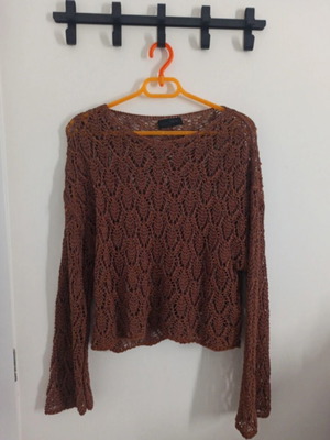 Zara brown knit sweater with bell sleeves and openwork pattern