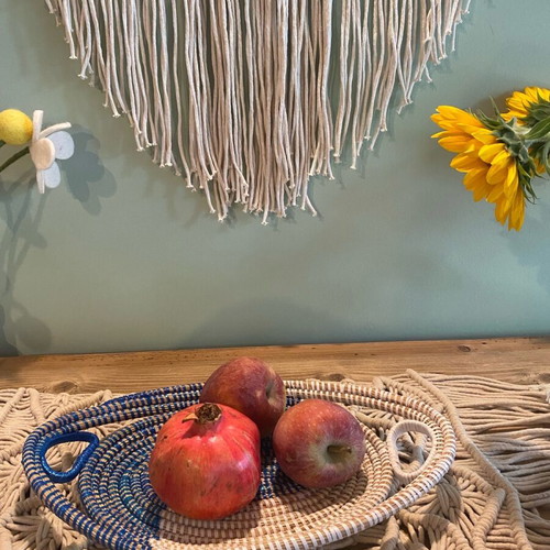 Set of woven fruit bowls from Africa new, white-blue, 3 pieces