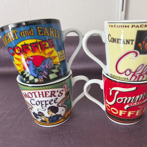 Set of 4 Vintage Coffee Mugs with Retro Advertising Designs