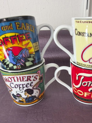 Set of 4 Vintage Coffee Mugs with Retro Advertising Designs