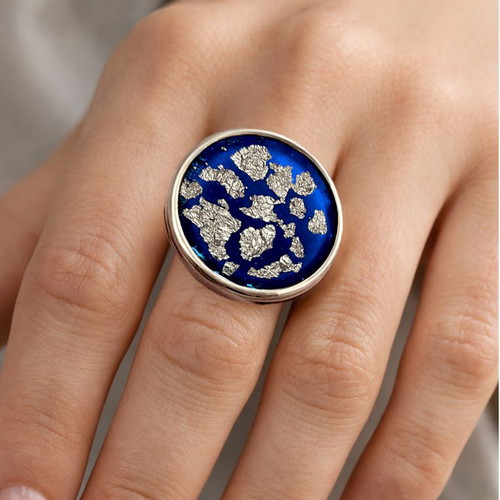 Aegean Moon ring stainless steel with blue enamel and silver leaves, new