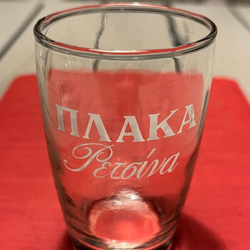 Small glass promotional ΡΕΤΣΙΝΑ ΠΛΑΚΑ glasses used, pack of 13