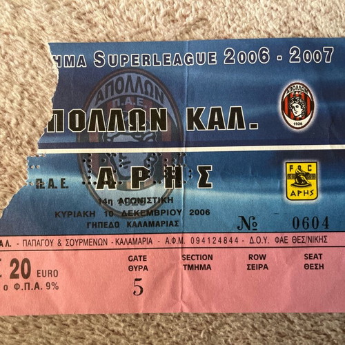 Apollon Kalamarias Aris match ticket used 2006