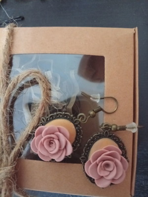 Romantic handmade dangle earrings, beige and pink
