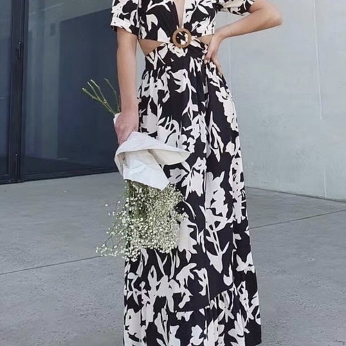 Maxi dress with cut-out waist black and white floral print like new