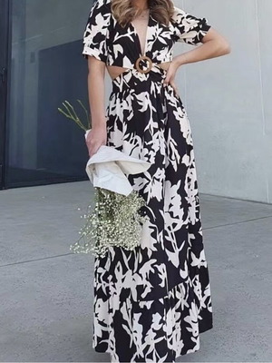 Maxi dress with cut-out waist black and white floral print like new