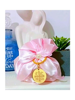Handmade bombonieres and witness keychain in pink satin pouch