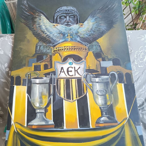 AEK painting like new, handmade canvas artwork with emblem and trophies