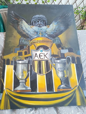 AEK painting like new, handmade canvas artwork with emblem and trophies