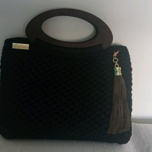 Handmade handbag new with wooden handle, black and brown