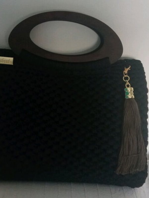 Handmade handbag new with wooden handle, black and brown