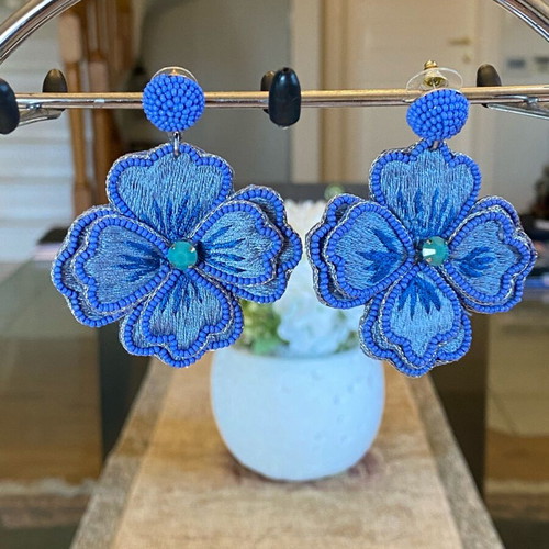 Flower fabric earrings with embroidery and beads new, blue