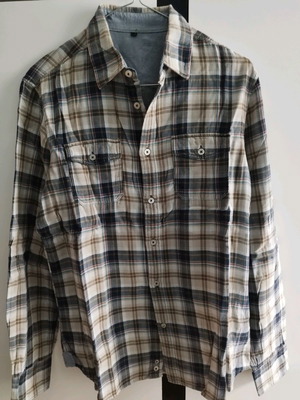 Cotton shirt used size M, beige with black, red and green stripes