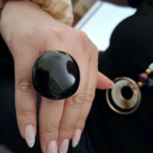 Black ring large impressive, new, plastic, size 55-56
