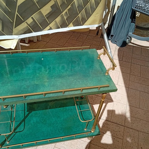 Vintage bar cart with brass details, green