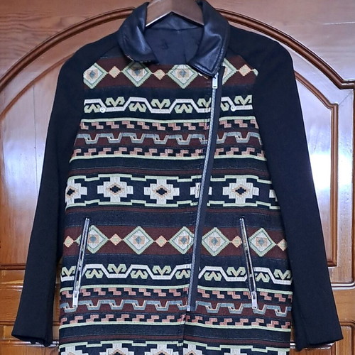 Zara biker jacket used with geometric print and faux leather collar brown