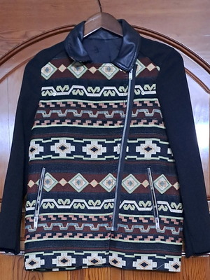 Zara biker jacket used with geometric print and faux leather collar brown