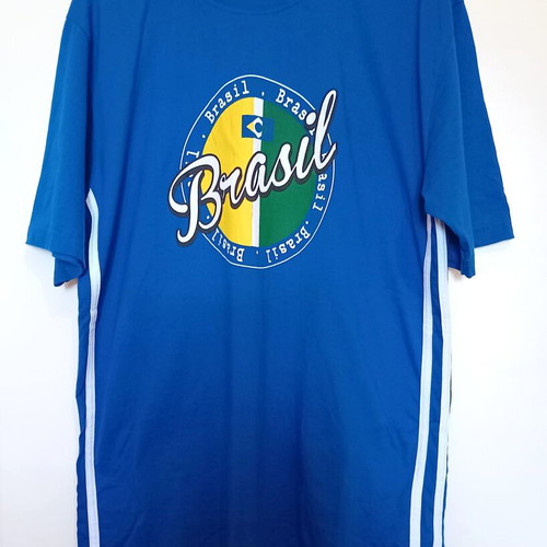 T-shirt with Brasil print and side stripes, size XL like new, blue