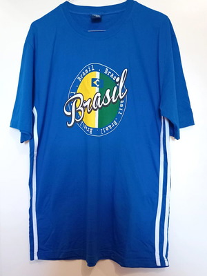 T-shirt with Brasil print and side stripes, size XL like new, blue
