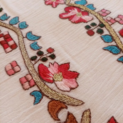 Handmade old embroidery painted and hand-stitched with lace