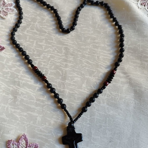 Men's Rosary Necklace with Black Cross and Beads, New