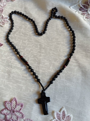 Men's Rosary Necklace with Black Cross and Beads, New