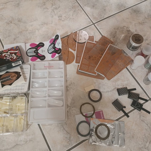 Nail art kit with tips, stamping plates and accessories