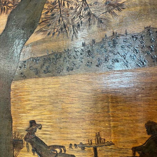 Vintage pyrography wall art used, picnic theme signed by artist K.M 57.5x66