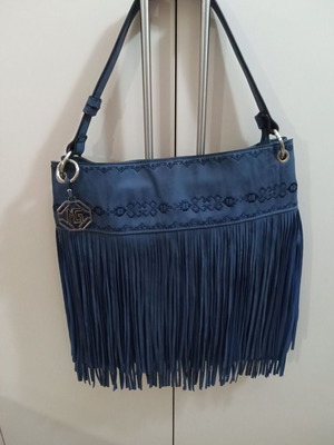 Marina Galanti shoulder bag new, blue with fringes and embroidery