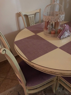 Wooden dining set carved used, ecru color