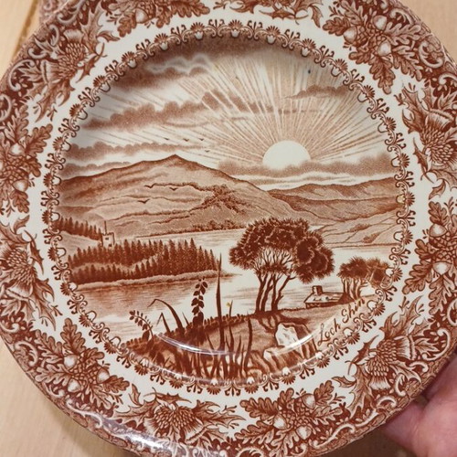 Vintage English Ironstone Loch Shin Plates set of 2 used, brown transferware