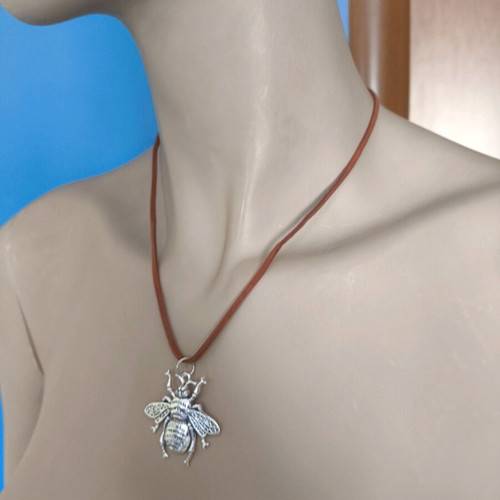 Necklace new with brown velvet strap and silver bee pendant
