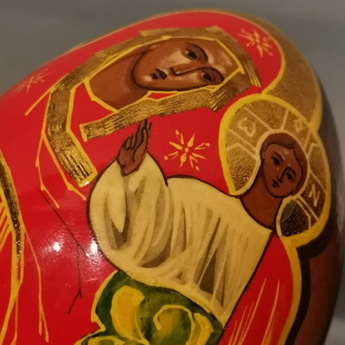 Russian egg used with hand-painted decoration and wooden base