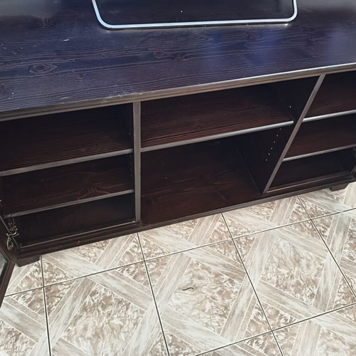 TV cabinet used, dark brown wenge with glass and adjustable shelves