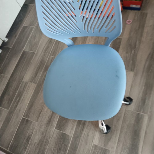 Office chair used, sky blue, swivel with fabric seat and plastic back