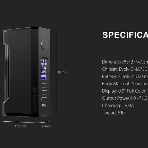 Essent DNA75c Box Mod by ZQ Vapor like new, full black