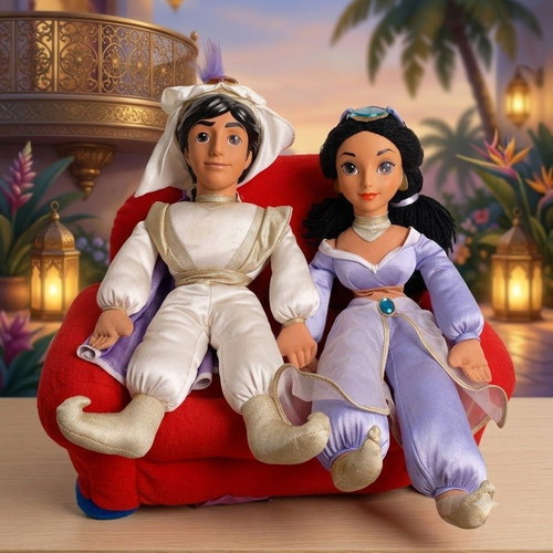 Vintage Disney Aladdin Mattel plush doll set 1993 used, Prince Ali & Jasmine